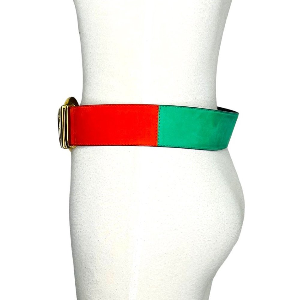 Escada 80's Leather Suede & Gilt Brass Color Block Two-Tone Vintage Belt - Picture 4 of 12